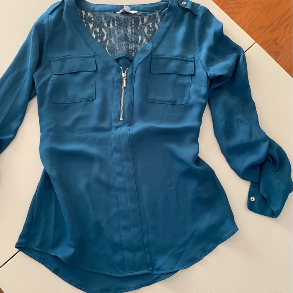 Candies teal blue v neck 1/4 zip blouse